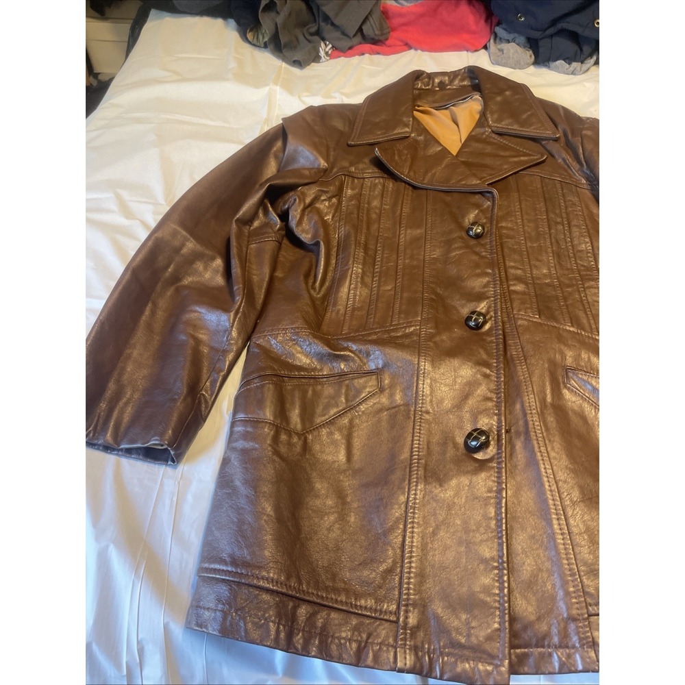 Vintage Men Leather Blazer Size 38 Brown 3 Bottons - Picture 4 of 16